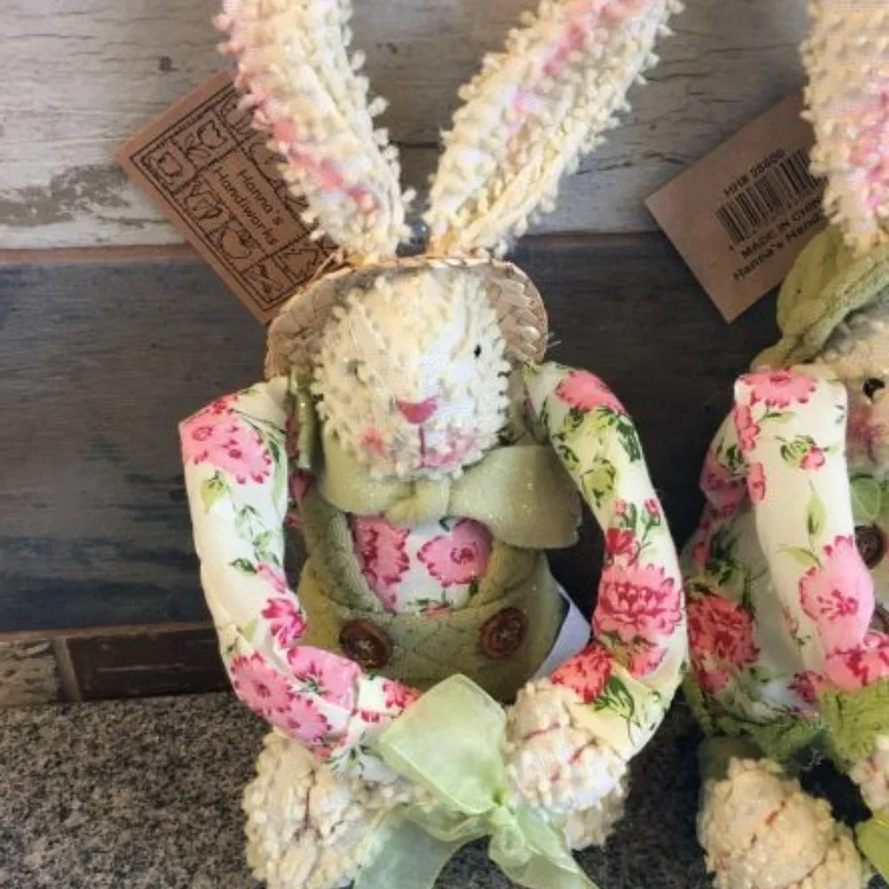 Shabby Chic Chenille Easter Bunny Rabbit Boy & Girl Plush Sitters NEW Lot of 2